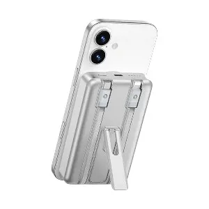 WIWU Elite Wi-P056 Dual Cable 10000mAh Silver 15W Magnetic Wireless Power Bank With Alloy Stand