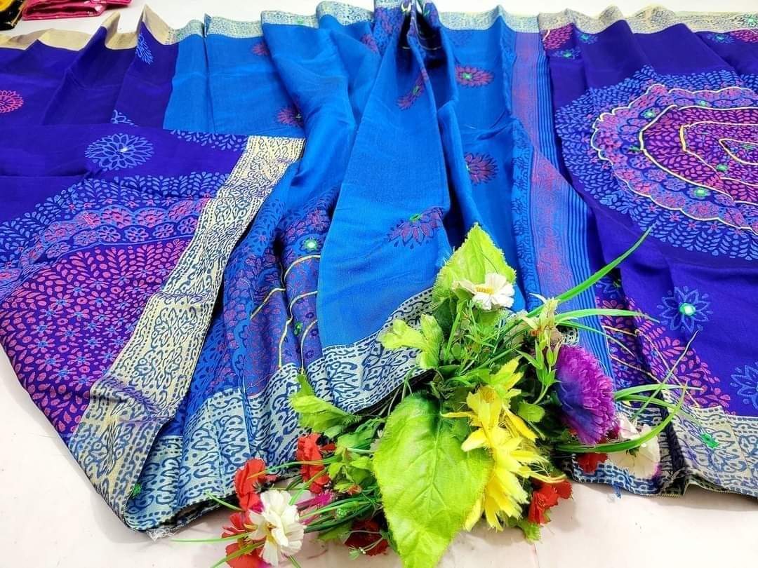Dhupian Silk Saree for Women, Block Print and Embroidery, 13 Haath