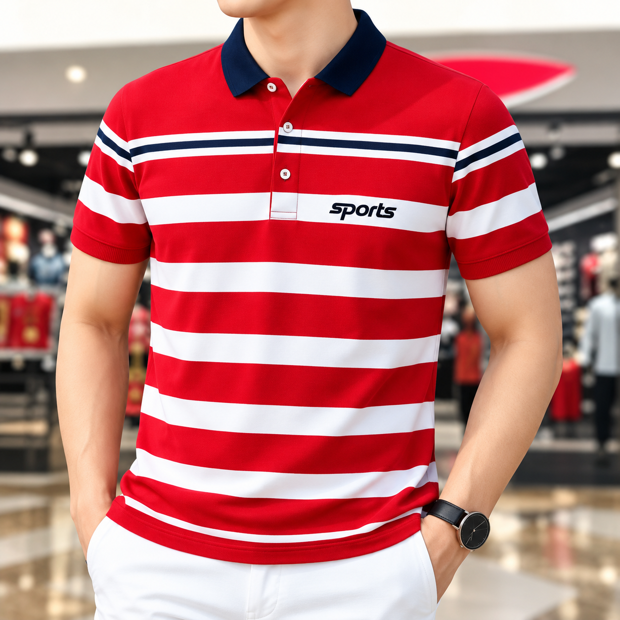Premium Stylish Striped Sports Polo T-Shirt (Men's Red & White Striped Polo)