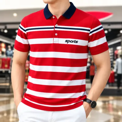 Premium Red & White Striped Sports Polo T-Shirt for Men