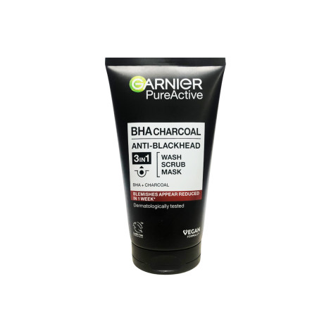 Garnier Pure Active BHA Charcoal Anti Blackhead 3in1 Wash Scrub Mask 150ml (Germany)