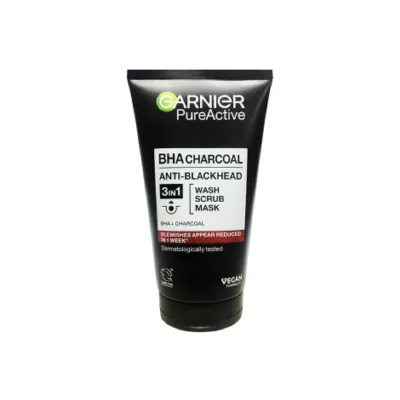 Garnier Pure Active BHA Charcoal Anti Blackhead 3in1 Wash Scrub Mask 150ml (Germany)