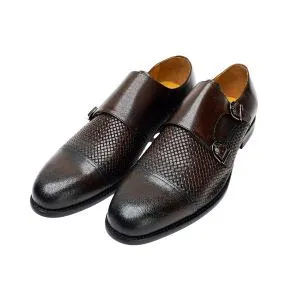 25017-Coffee Genuine Cow leather Double Strap Formal Shoes with TPR Welted Sole Monk Strap For Men
