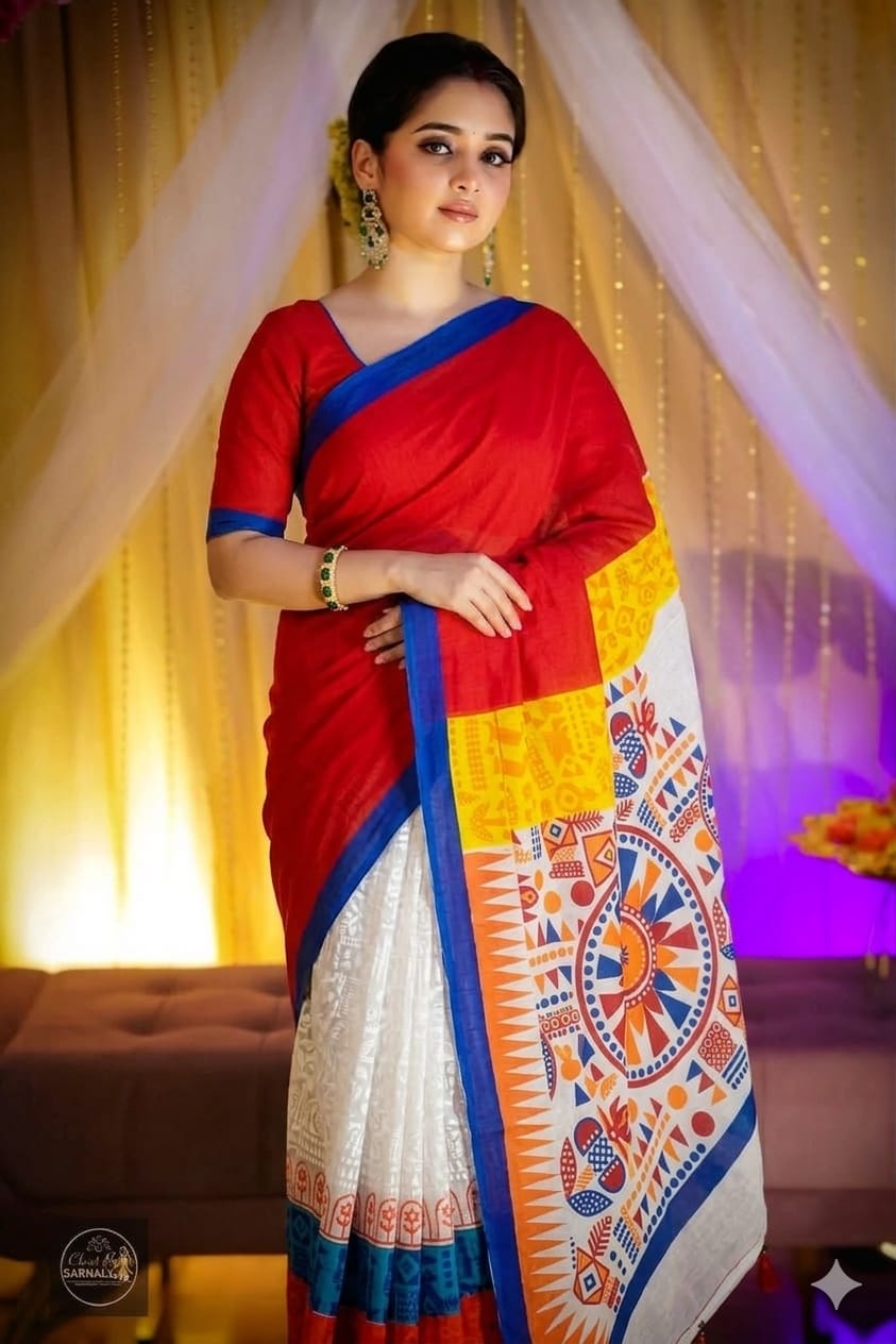 Women's Hybrid Half Cotton Boishakhi Saree, Screen Print, 6 Colours