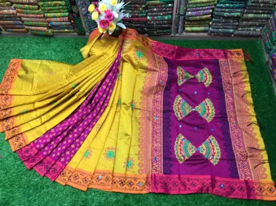 Embroidered Dhupian Silk Saree with Block Print, 6 Colours