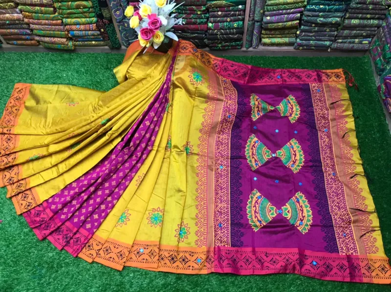 Women's Dhupian Silk Saree with Block Print and Embroidery Work