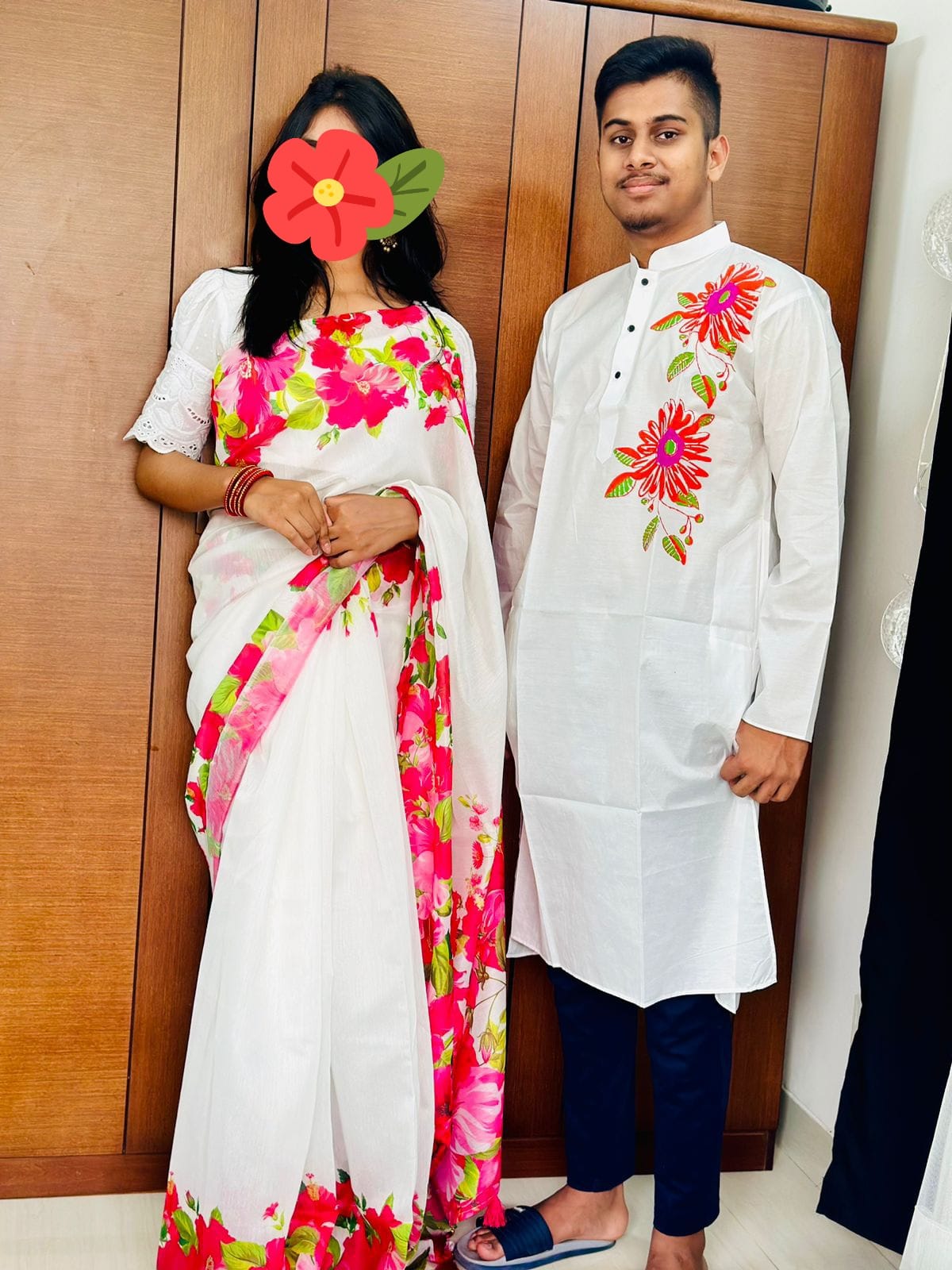 Couple Set, Chanderi Silk Saree and Dhupian Silk Panjabi, Hand Print