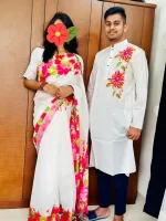 Hand Print Couple Dress, Chanderi Saree and Dhupian Panjabi