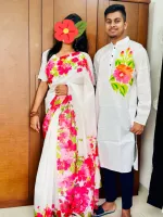 Hand Print Couple Dress, Chanderi Saree and Dhupian Panjabi