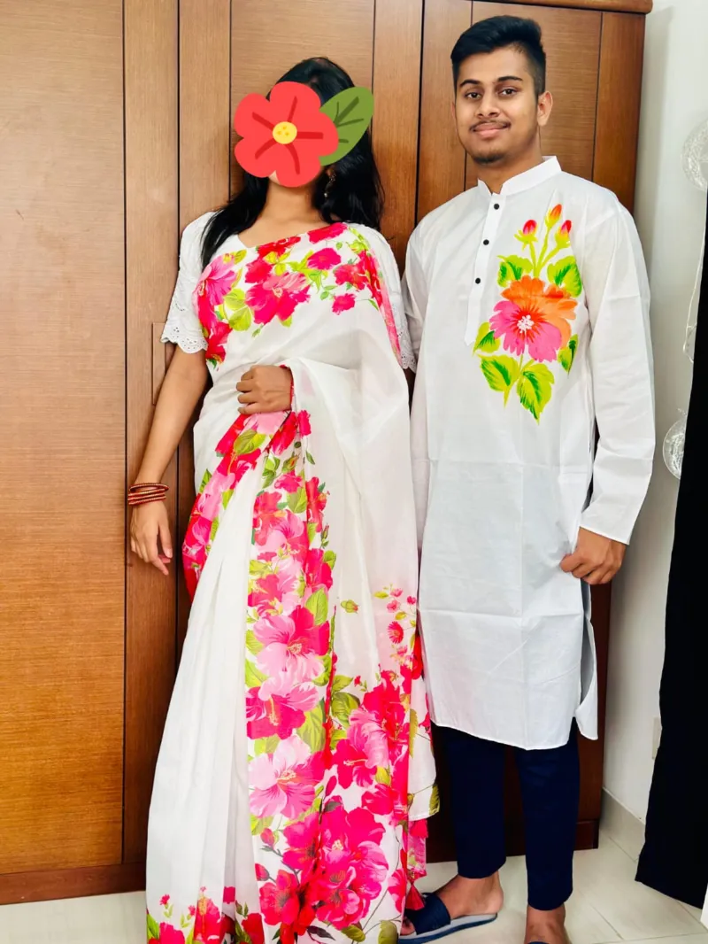 Hand Print Couple Dress, Chanderi Saree and Dhupian Panjabi
