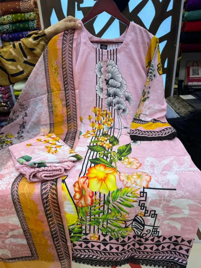 Readymade Digital Print Three Piece with Lace Work, 5 Colours