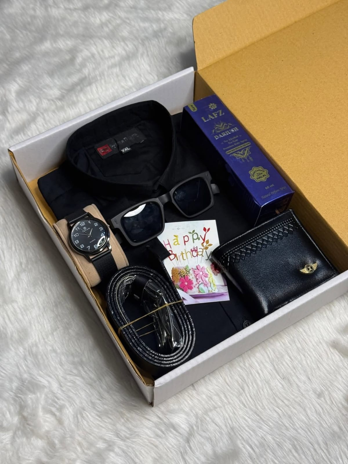 Men's Cotton Shirt Gift Box Set with Belt, Sunglasses and Watch