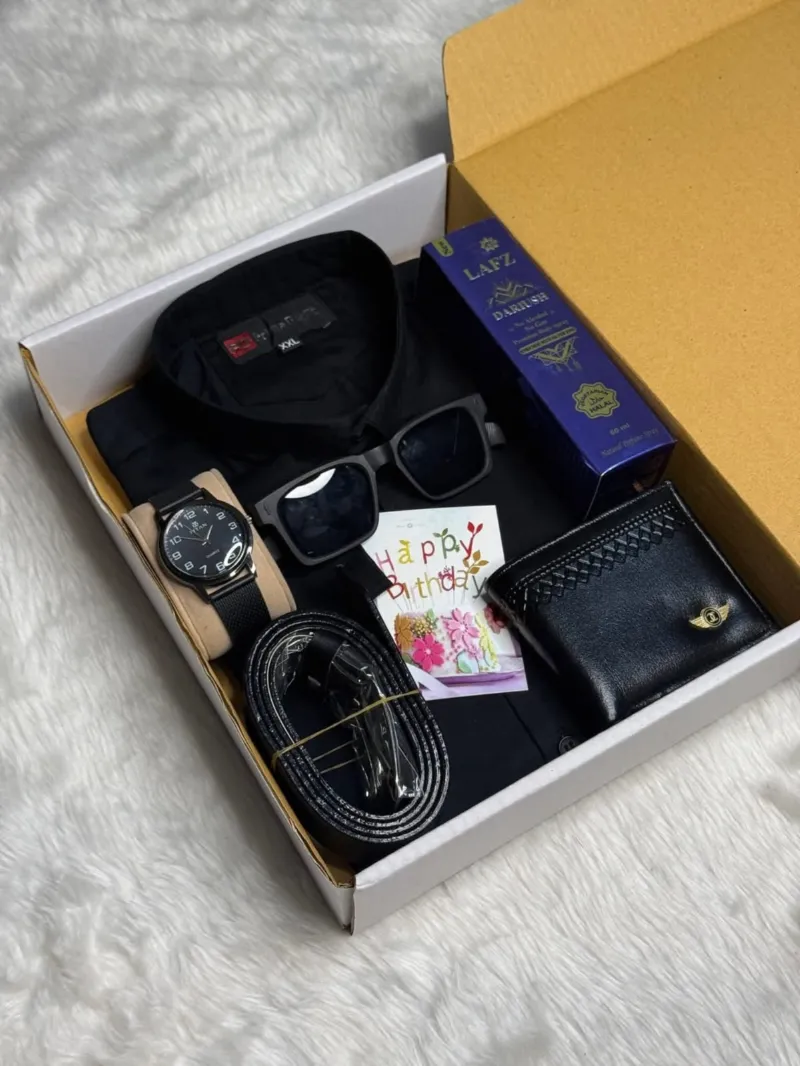 Men's Pure Cotton Shirt Combo Set with Wallet, Watch and Perfume