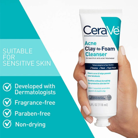 Cerave Acne Clay-to-Foam Cleanser 118ml (USA)