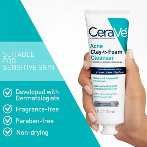 Cerave Acne Clay-to-Foam Cleanser 118ml (USA)