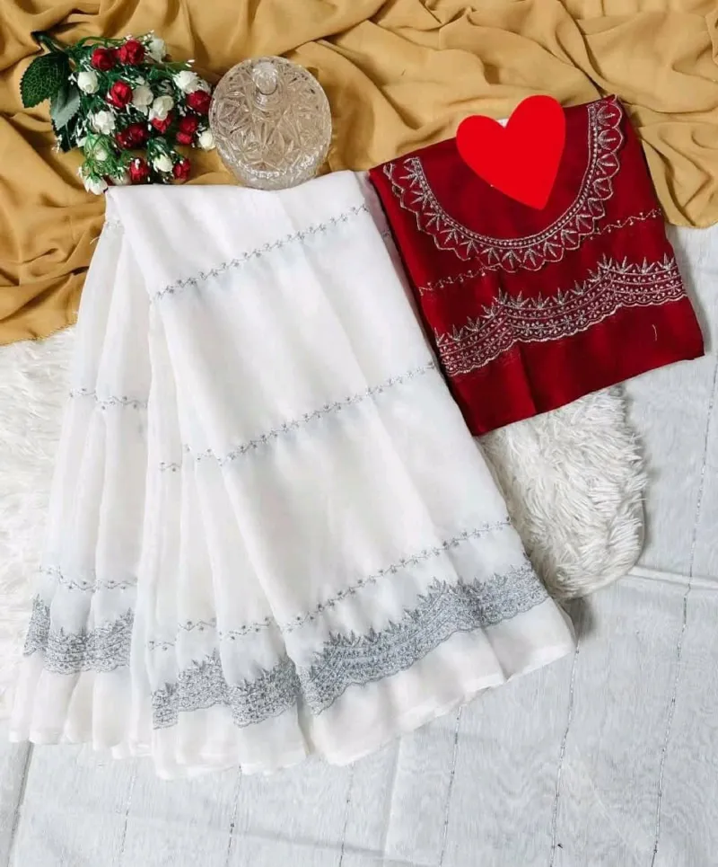 Soft Georgette Embroidery Saree with Matching Blouse, 12 Haath