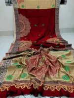 Embroidered Dhupian Silk Saree in Block Print, Without Blouse