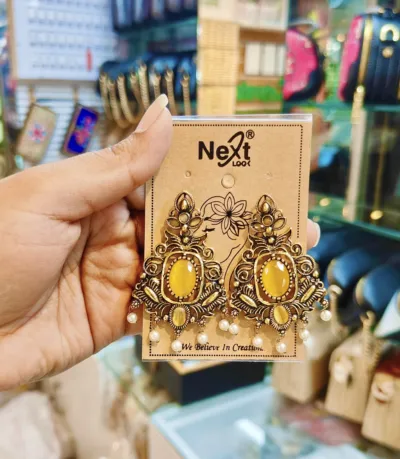 Antique Gold Amber Yellow Stone & Pearl Drop Earrings