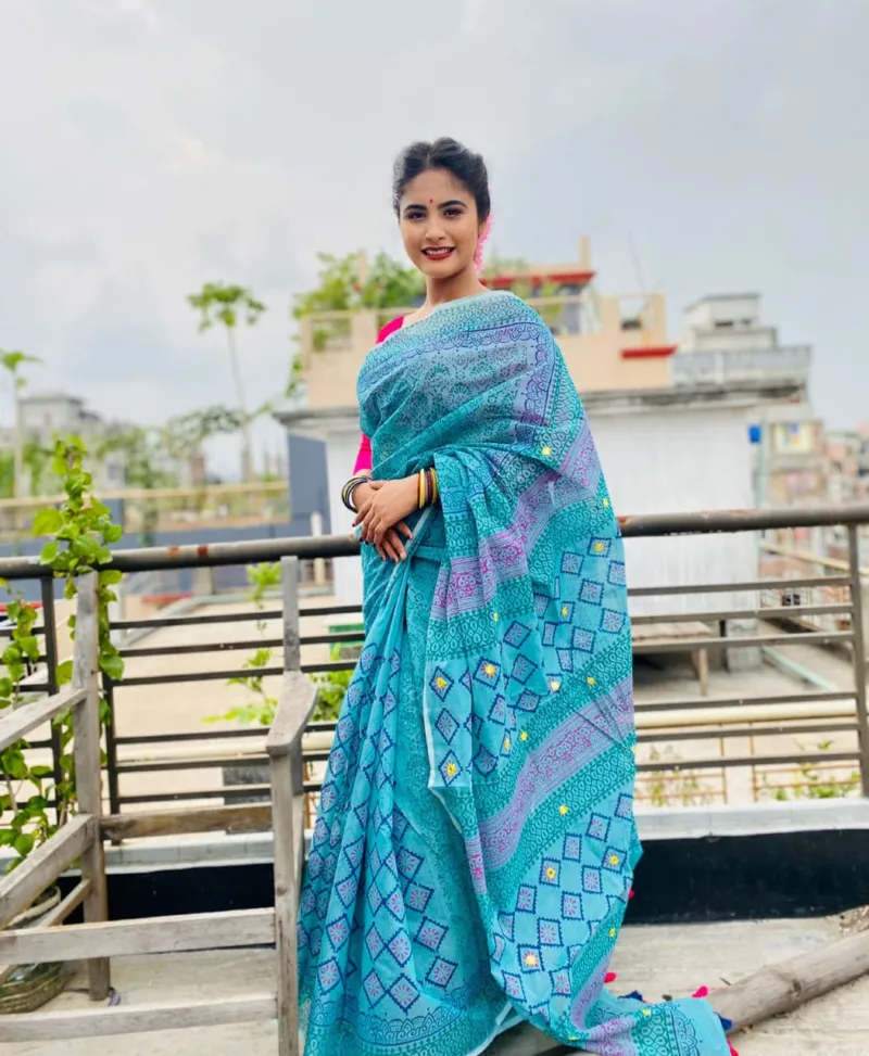 Half Silk Block Print Saree with Running Blouse Piece, 13 Haath