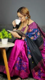 Women's Hand Print Half Silk Saree, 12 Haath Long