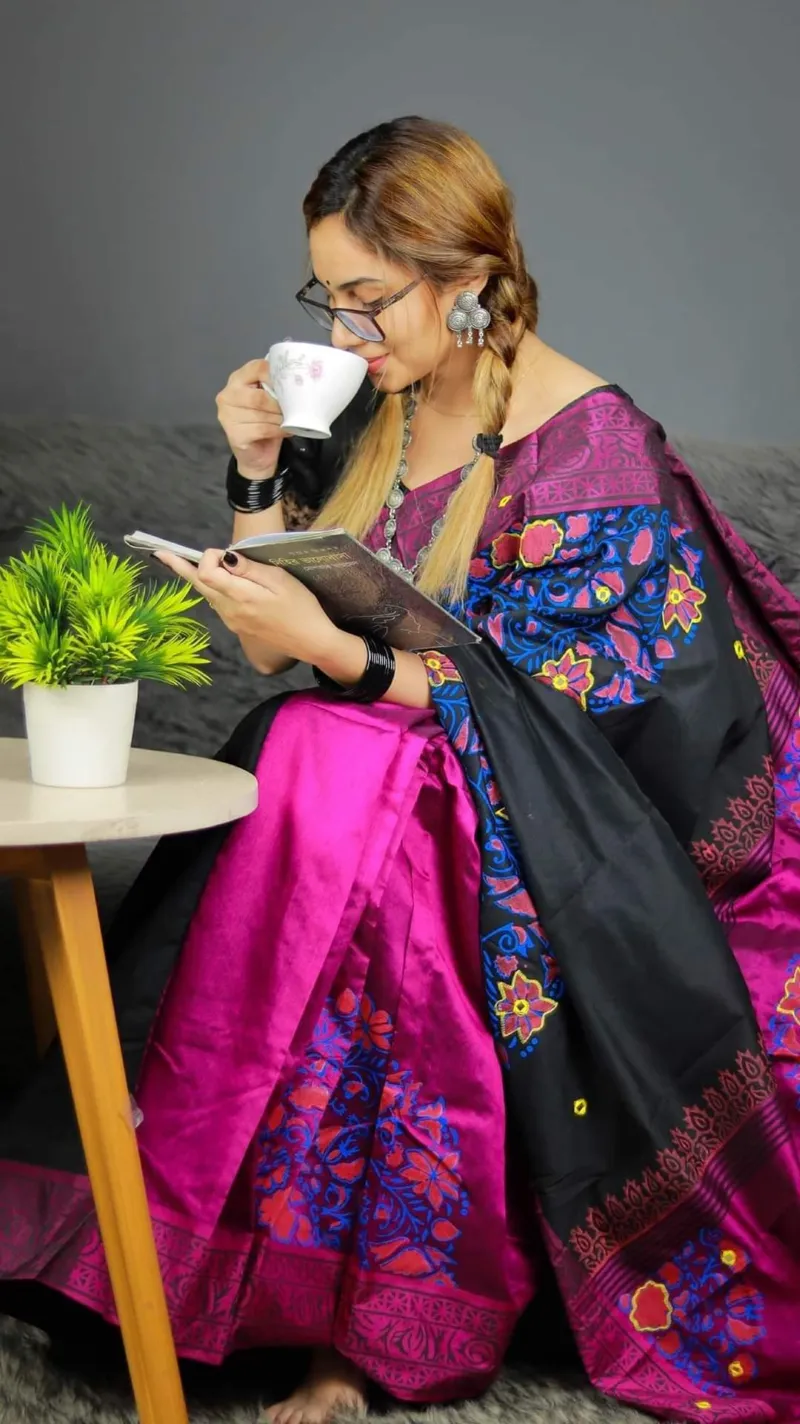 Women's Hand Print Half Silk Saree, 12 Haath Long
