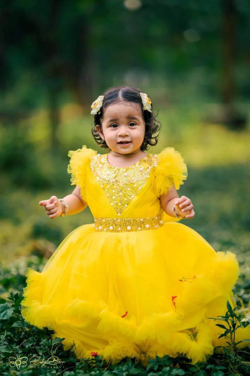 Girls' Bead Work Party Frock in AC Net, Sizes 28 to 38