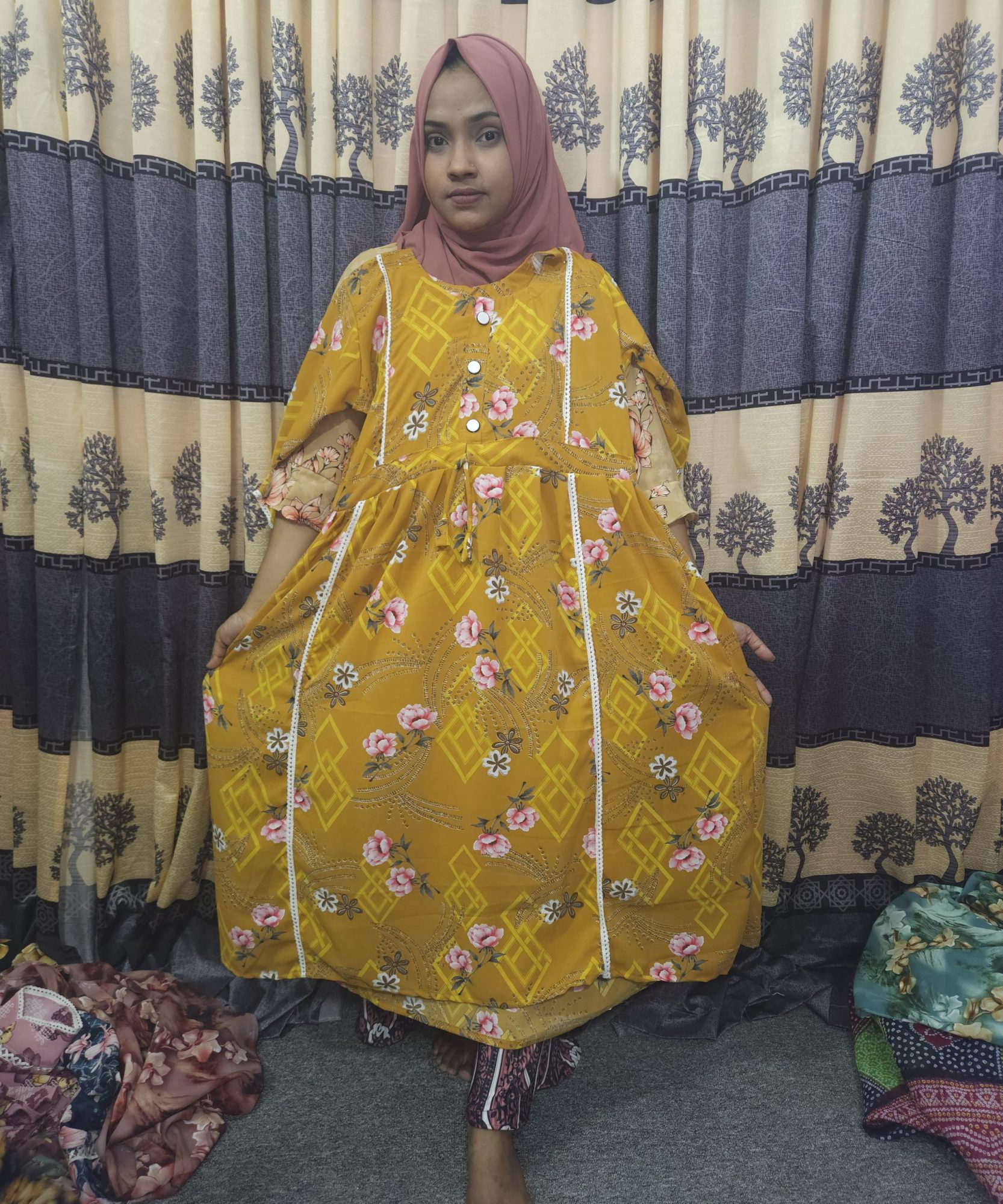 Cherry Fabric One Piece Dress, Free Body Size, Length 38-42