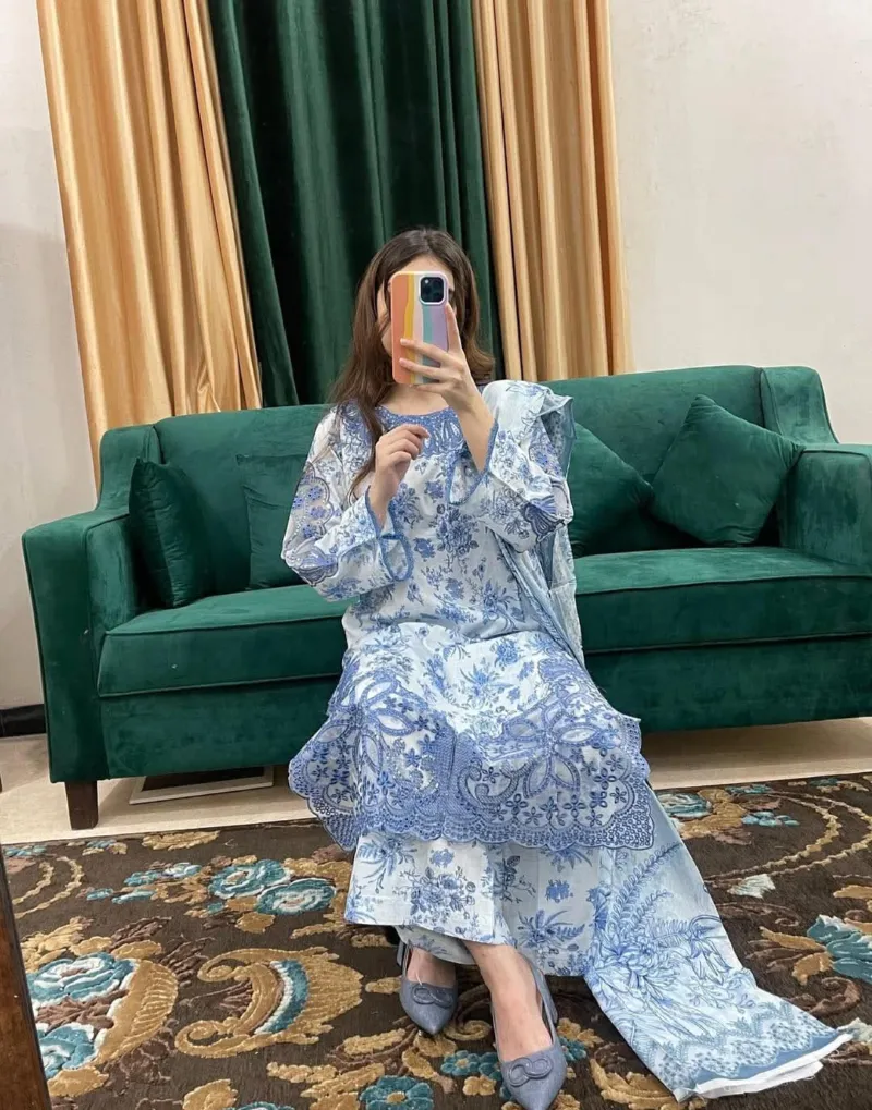 Women's Pure Cotton Embroidered Three Piece, 6 Colours