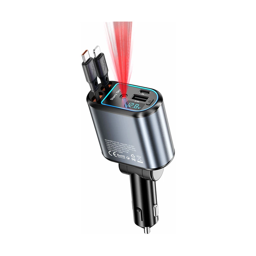 Bwoo BO-CC109 120W USB & Type-C Car Charger with 2 Retractable Cables