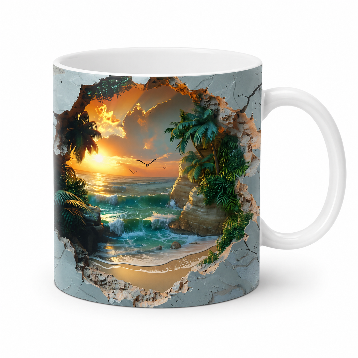 Tropical Beach Sunset Ceramic Mug – Premium Wraparound Design Coffee Mug with Sunset & Palm Trees, Microwave & Dishwasher Safe