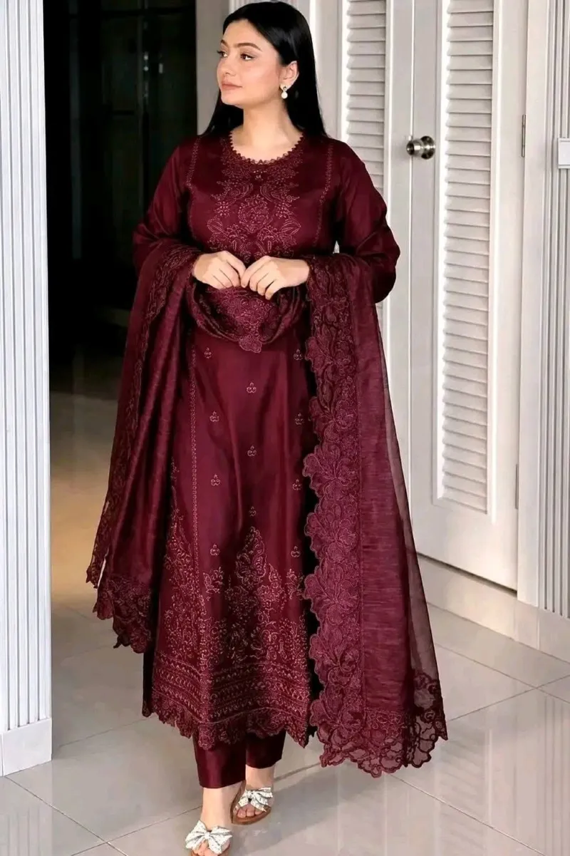 Women's Soft Cotton Embroidery Three Piece with Lace Georgette Orna