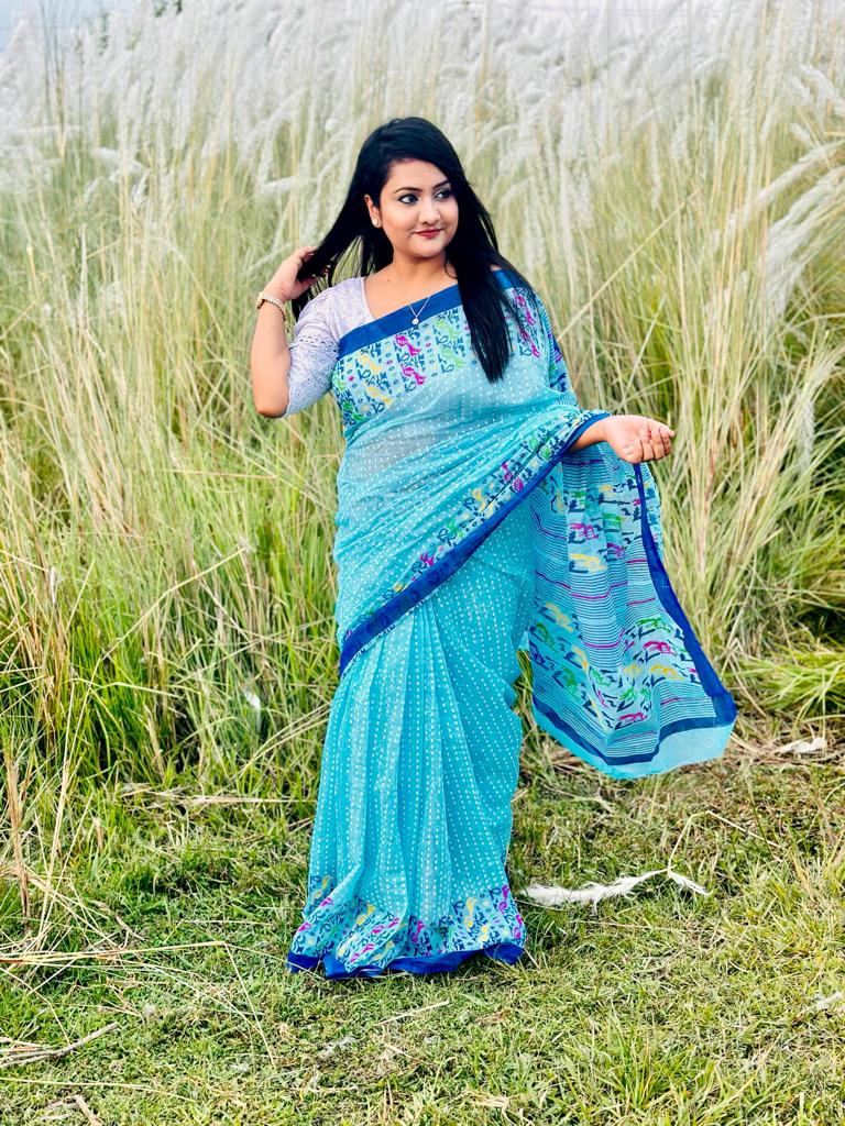 Half Silk Saree with Screen Print Work, 12 Haath