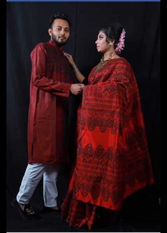 Couple Saree Panjabi Set, Dhupian Silk, Panjabi Sizes 40 to 46