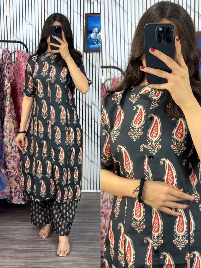 Ladies' Printed Cotton Kurti Two Piece with Free Size Waist Pant