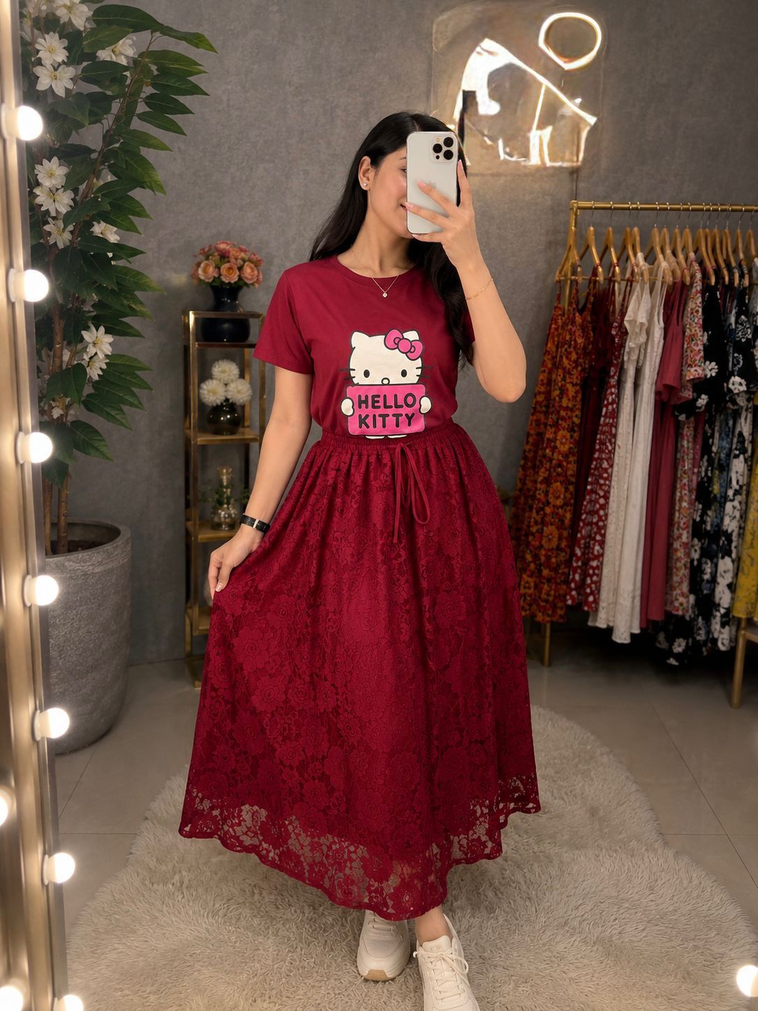 Georgette Skirt and Pure Cotton T-Shirt Set, Free Size up to 42