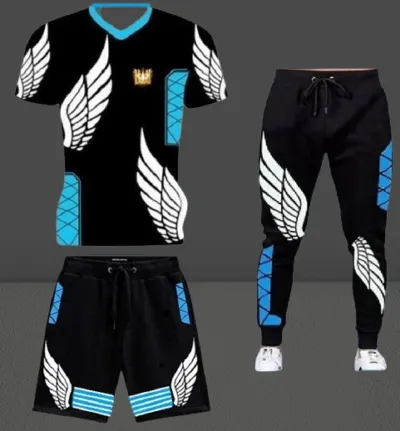 Men's Printed Half Sleeve T-Shirt with Full Pant and Half Pant Combo