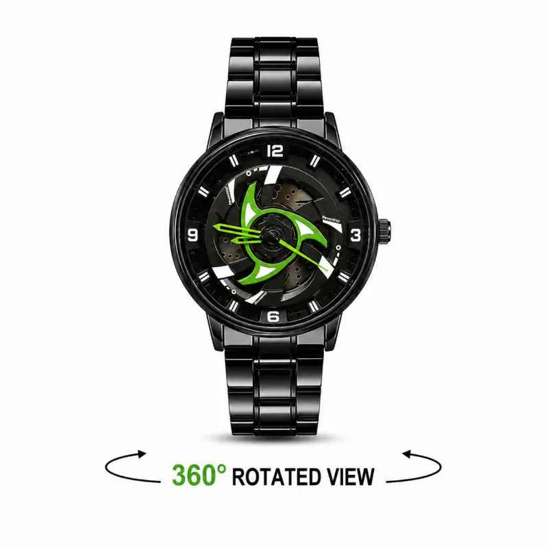 360° Rotating Car Wheel Rim Quartz Watch – Matte Black Sports Wristwatch