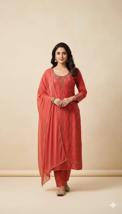 AC Cotton Karchupi Three Piece with Butter Silk Pant, Free Size
