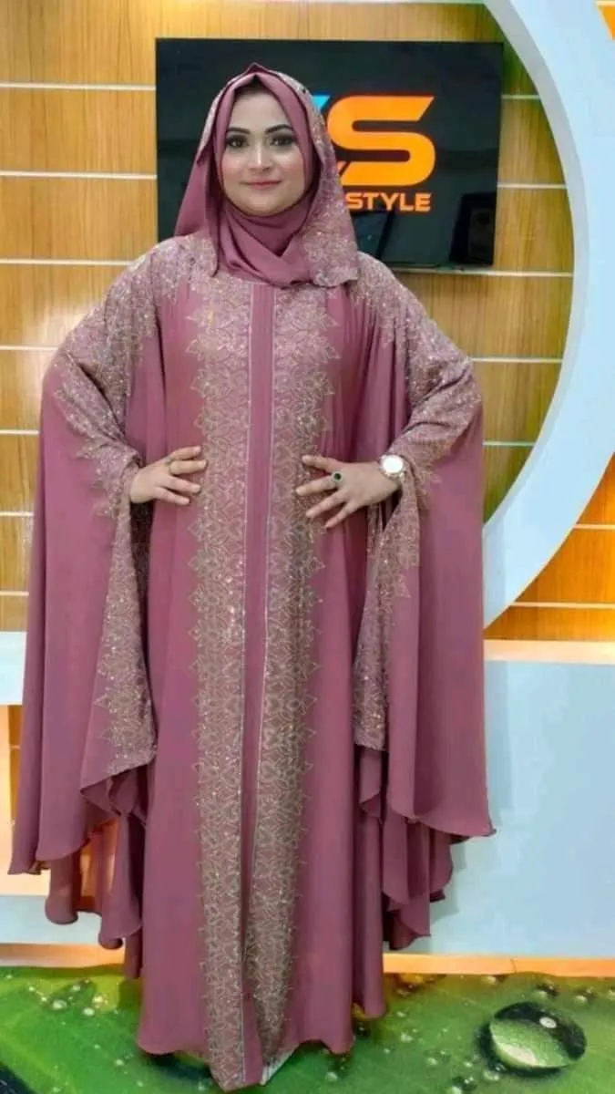 Arabia Full Stone Work Borka with Hijab, Cherry Fabric