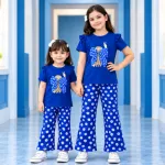 Royal Blue Two-Piece Set for Girls – Floral Bow Top & Daisy Print Pants