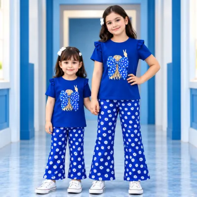 Royal Blue Two-Piece Set for Girls – Floral Bow Top & Daisy Print Pants