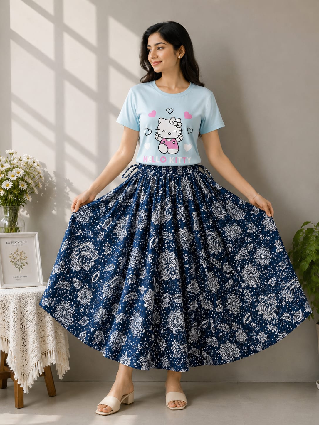 Women's Linen Skirt and DTF Print T-Shirt Set, 160 GSM Pure Cotton