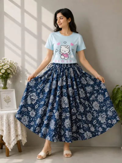 Women's Linen Skirt and DTF Print T-Shirt Set, 160 GSM Pure Cotton