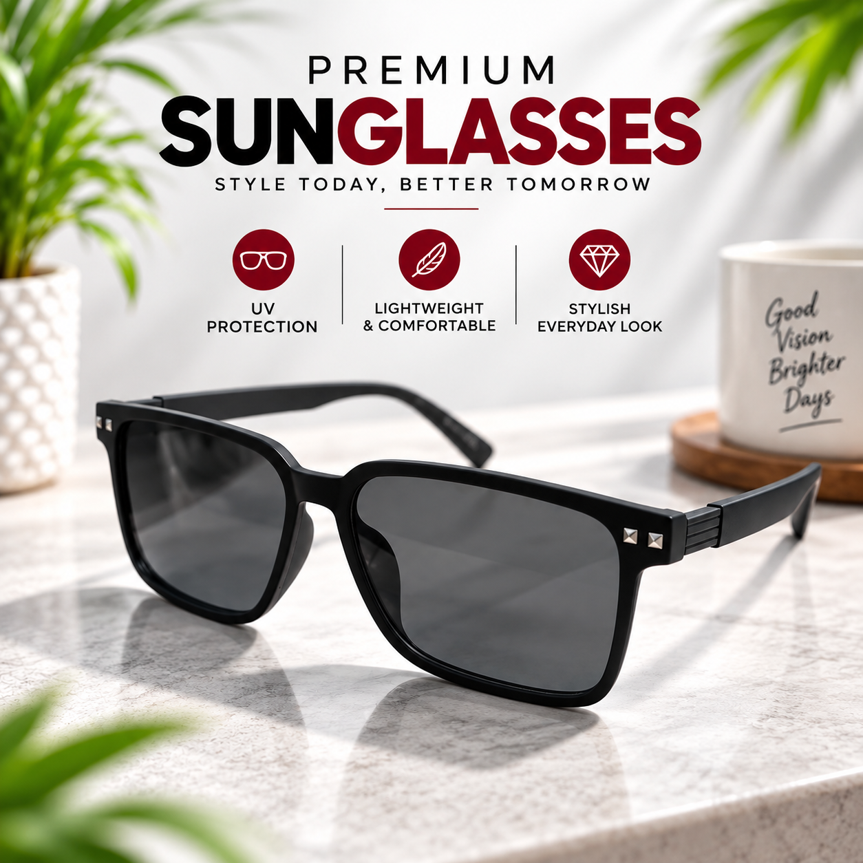 Classic Wayfarer Style Sunglasses for Men & Women – Modern Square UV Protection Dark Grey-Black Lens Sun Glasses for Casual, Driving & Outdoor Travel