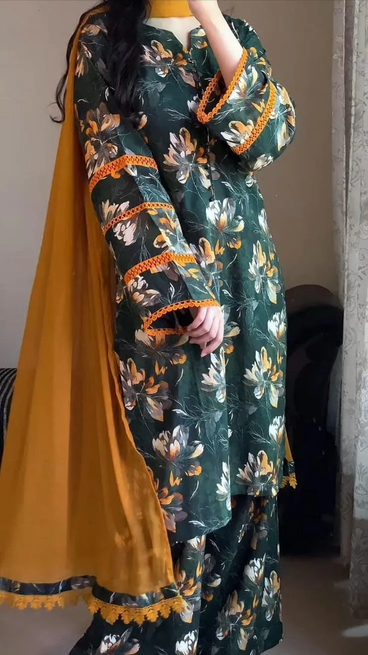 Women's Readymade Cotton Lace Three Piece with Chiffon Orna