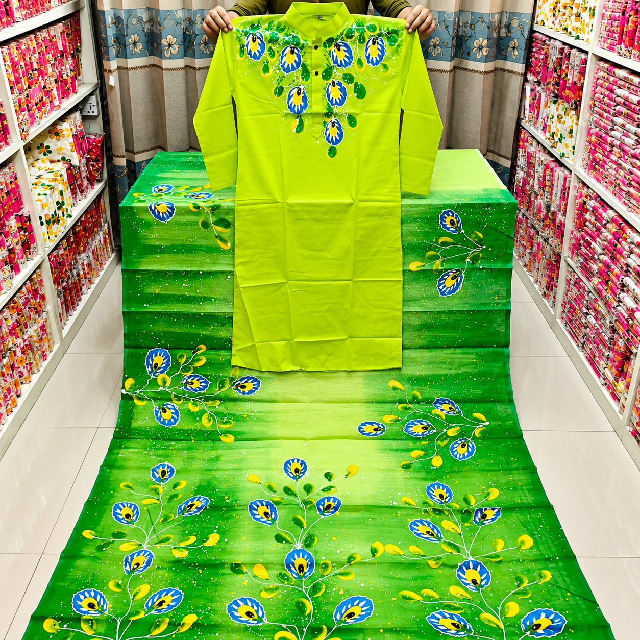 Hand-Painted Couple Set – Half Silk Saree & Dupion Silk Panjabi