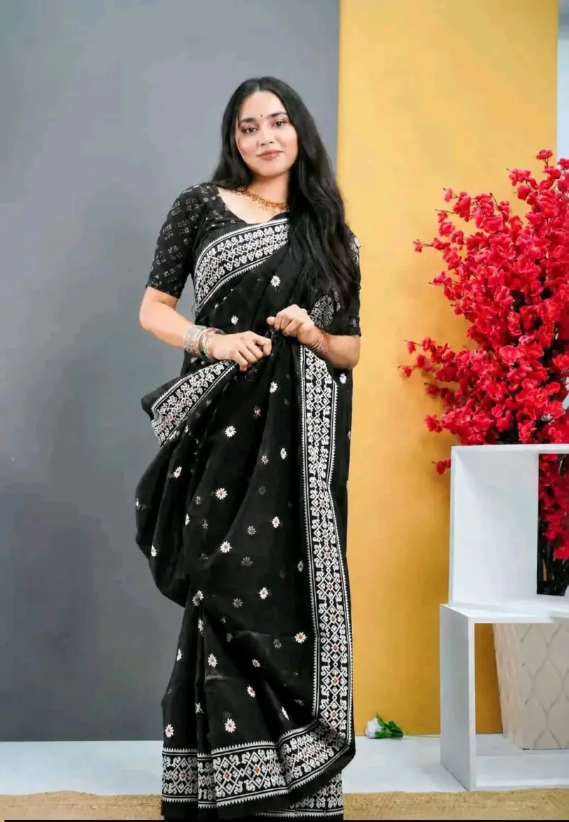 Half Silk Screen Print Saree with Jamdani Motifs, 6 Colours
