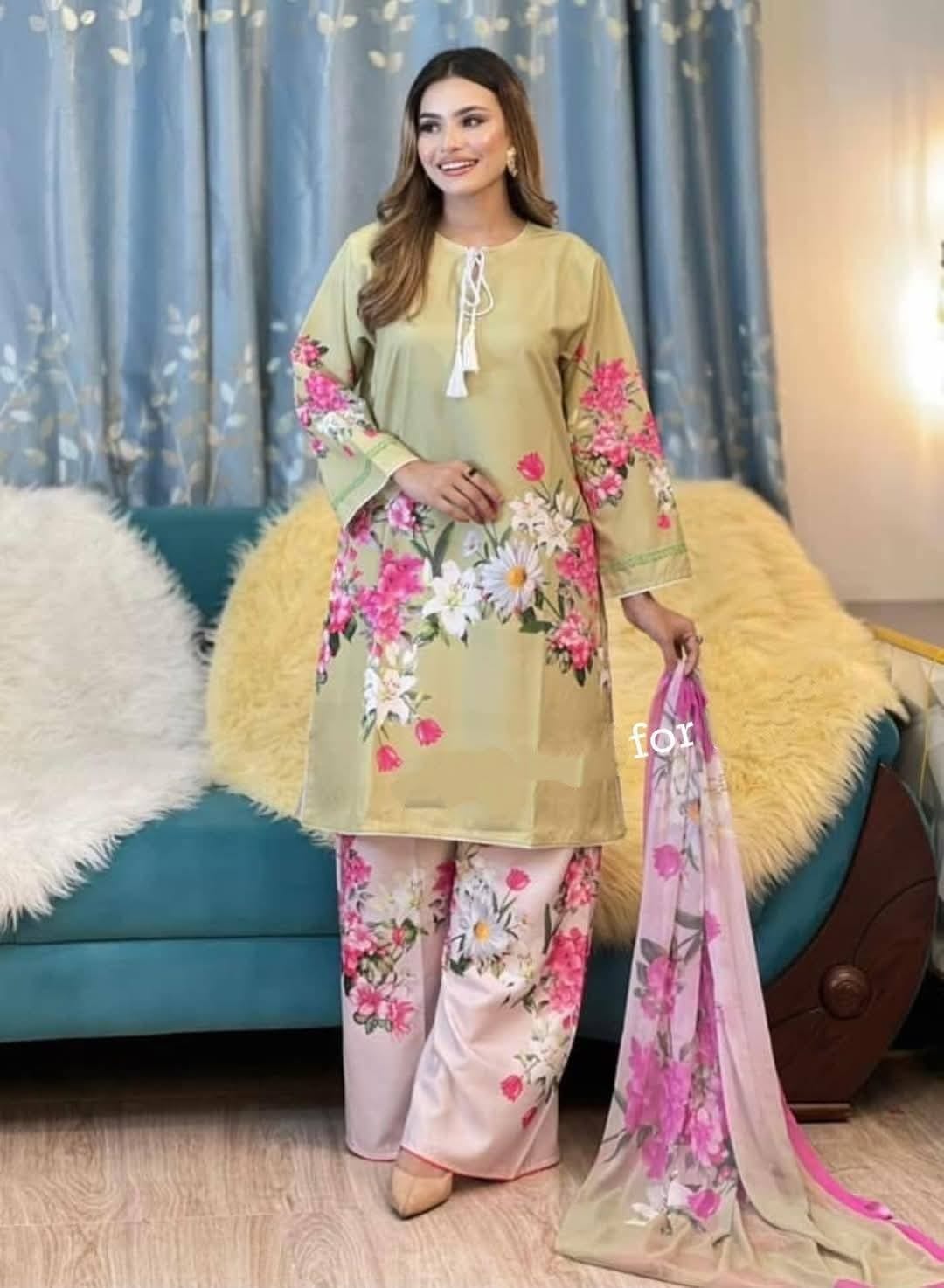 AC Cotton Screen Print Three Piece with Butter Silk Salwar