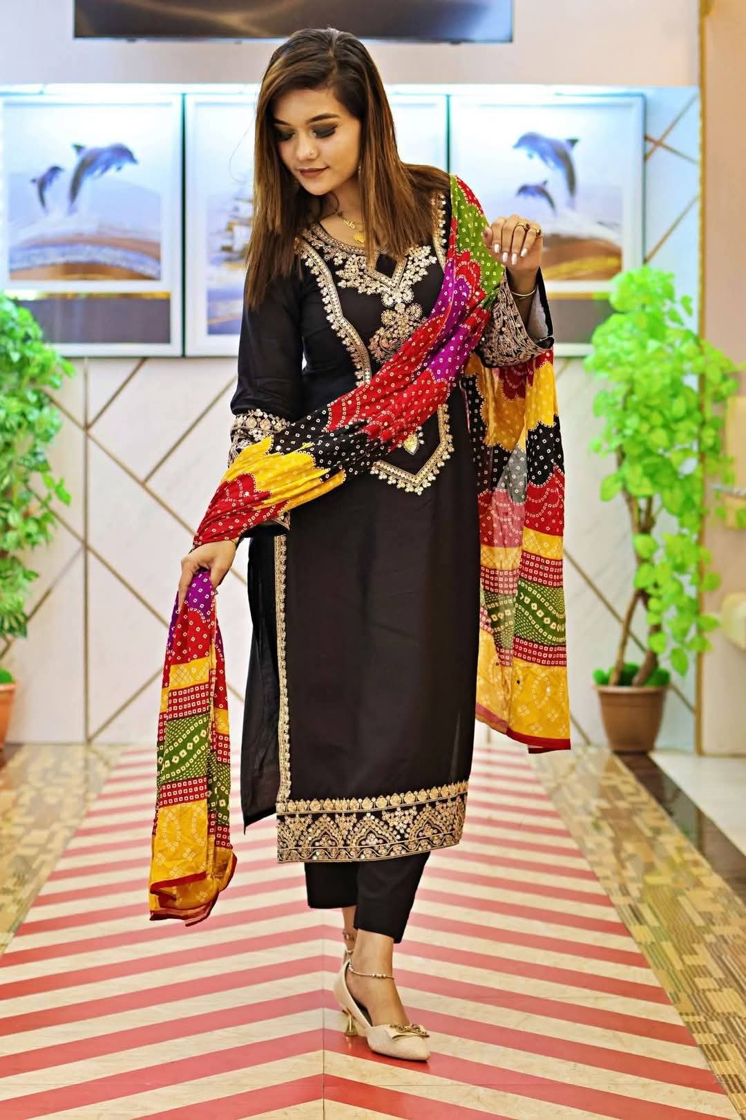 Women's Embroidered Three Piece with Butter Silk Salwar