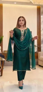 Embroidered Topeto Silk Three Piece, Lace Chiffon Orna, 6 Colours